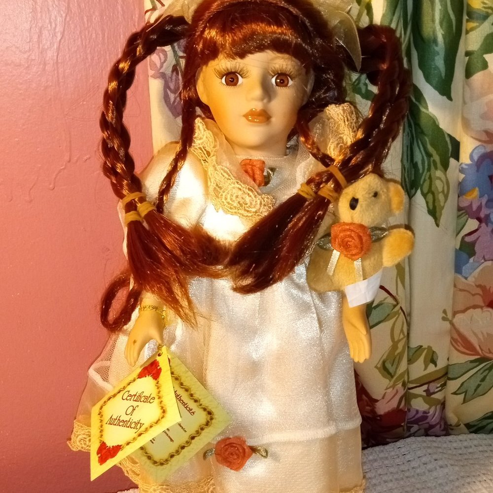 Vintage Collectors Choice Bisque Porcelain Doll in Pink Dress with Teddy Bear